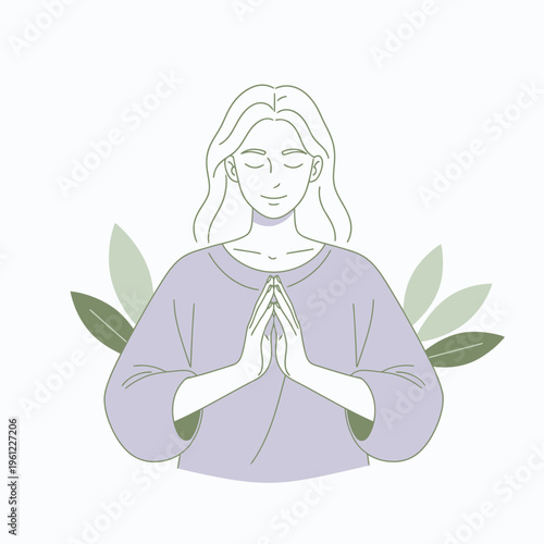 Woman meditating with hands clasped in prayer pose.