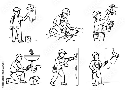 Construction workers performing various home renovation tasks doodles