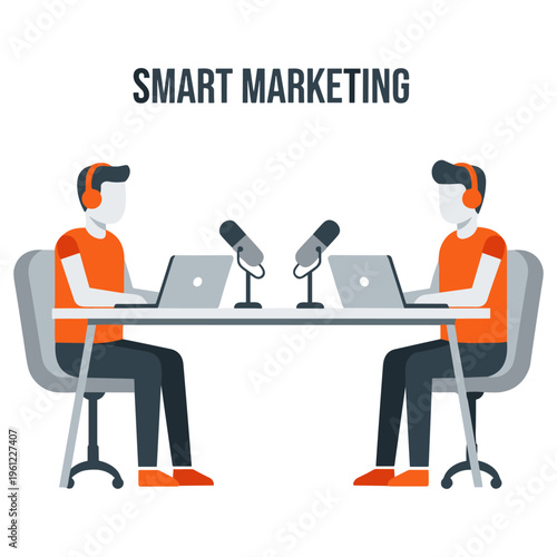 Smart marketing concept featuring two male hosts recording a promotional podcast episode