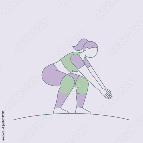 Woman performing a deep squat exercise with focus and determination.