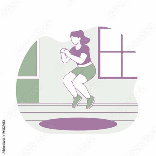 Woman performing a dynamic jump squat exercise indoors.