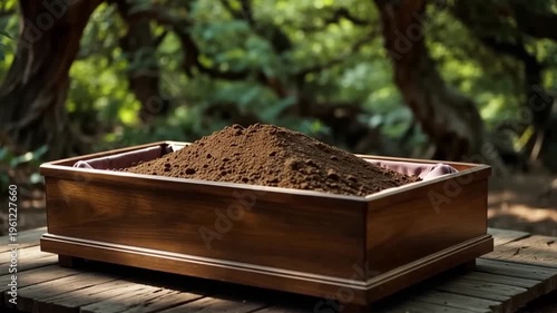 Wooden box filled with soil on a wooden platform in a forest