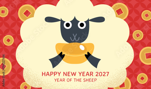 Zodiac sheep holding sycee ingot with lucky coins in background. Wishing wealth for chinese new year of the sheep 2027.