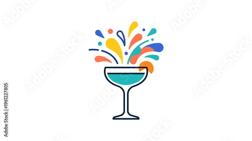 A flat vector icon of a cocktail glass with abstract splash shapes frozen mid-air 