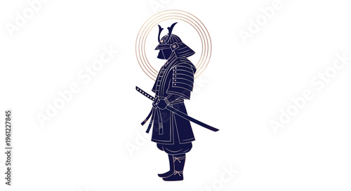 Fotografija Silhouette of a warrior in armor with sword and golden halo design