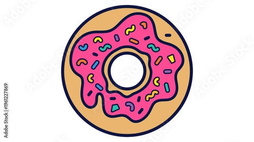 "A flat vector icon of a donut with asymmetrical icing pattern and abstract sprinkles,