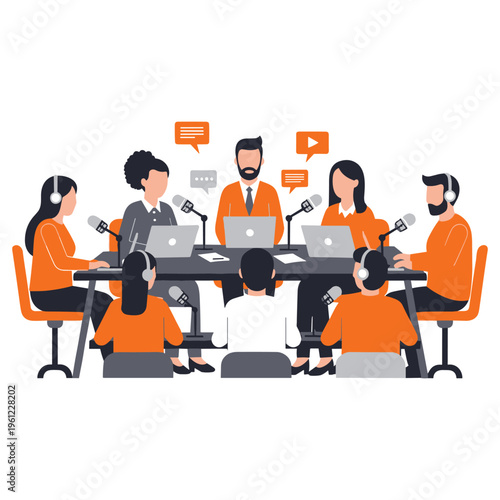 People sit at desk with microphones and laptops conducting podcast or online radio show