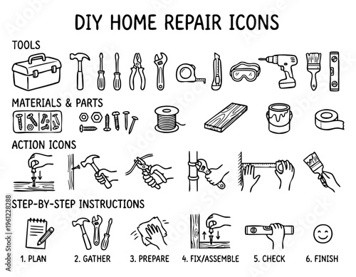 Diy home repair tools and process icons