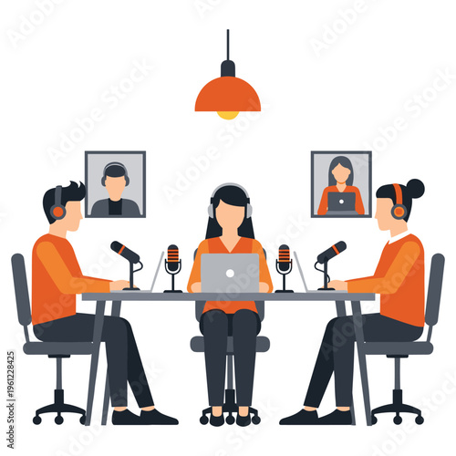 Hybrid podcast recording session with on site hosts and remote participants via video call