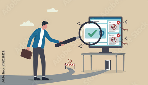 Fake news or false information spreading website social media, screening verify truth to before sharing believe concept, man magnifying glass verify fake news website computer