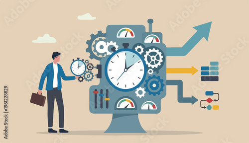 Efficiency or productivity, manage resources time optimize management improve result increase in performance effective process, businessman combine clock timer gear cogwheel for best efficiency