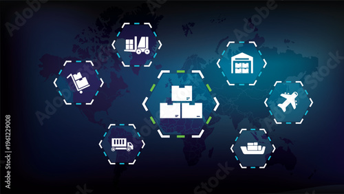 Inventory management system. Stock tracking and control. Logistics, package box, tracking, supply chain.