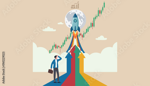Trading stock crypto price rising high moon, crypto currency sky rocket profit to success investment how, rocket stock crypto currency graph flying high moon.