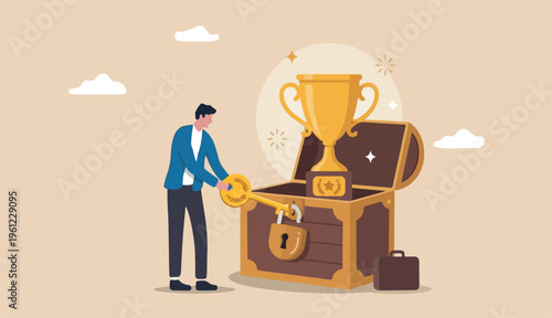 Unlock key to success, solution achieve winning opportunity, chance challenge, ambition motivation succeed in life, hard work, businessman key to success unlock winning trophy