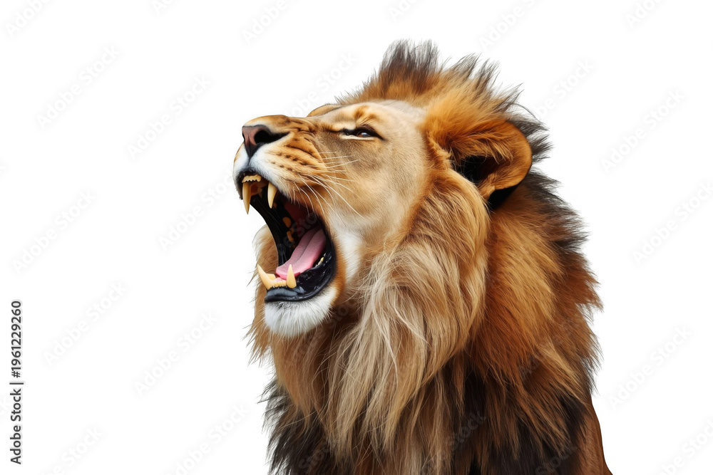 Fototapeta premium Lion roaring with open mouth showing fangs