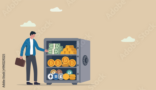 Alternative financial assets, crypto currency bitcoin, cash gold for investment retirement plan concept, businessman investor standing with security safe with full cash, gold bitcoin inside