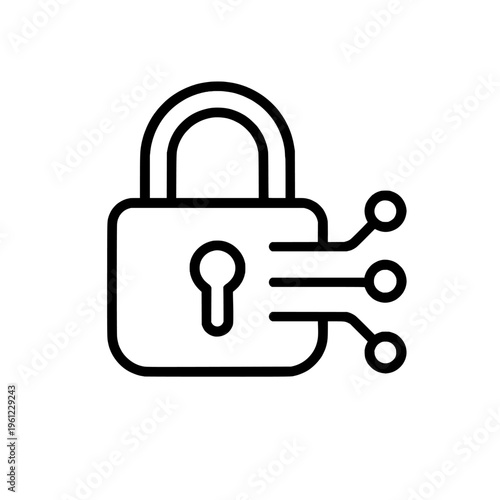 A black line icon of a padlock with circuit board elements