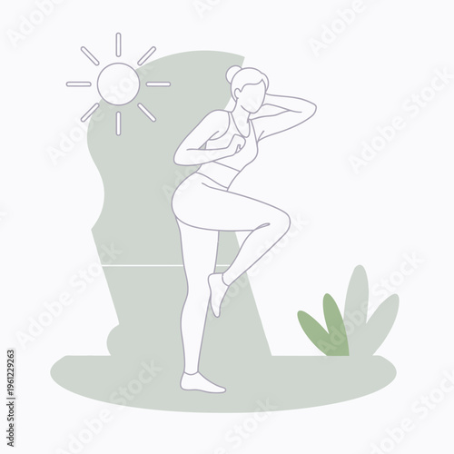 Woman performing yoga pose outdoors in sunlight.