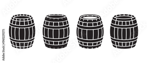 Wooden Barrels Silhouettes with One Containing Liquid, Isolated on White Background.