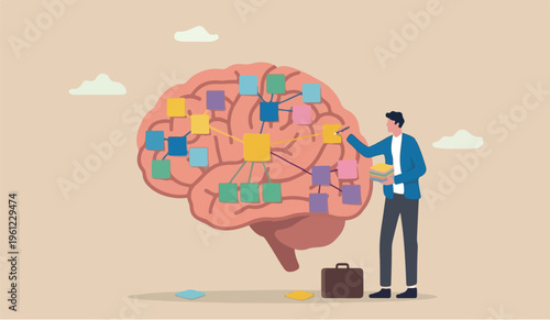 memo brainstorm scrum sticky notes productive plan memory or task reminder, mind map for work arrangement, thought and wisdom concept, businessman write sticky notes on human brain