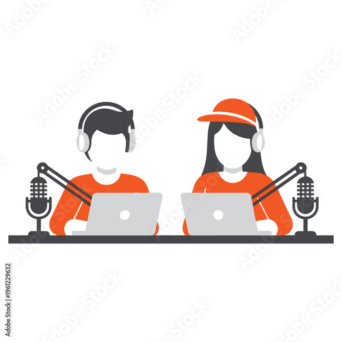 Two podcasters with microphones and laptops recording audio for a podcast session