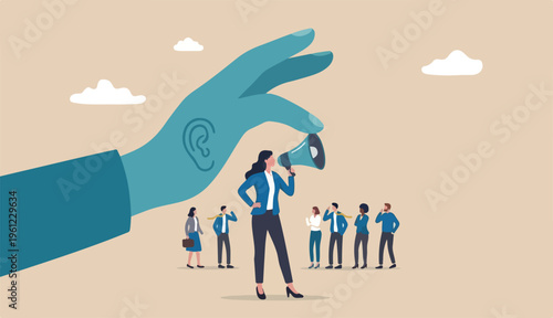 Empower or encourage employee speak out, talk discuss solve business problem, listening feedback concept, hand help businesswoman employee speak too out megaphone