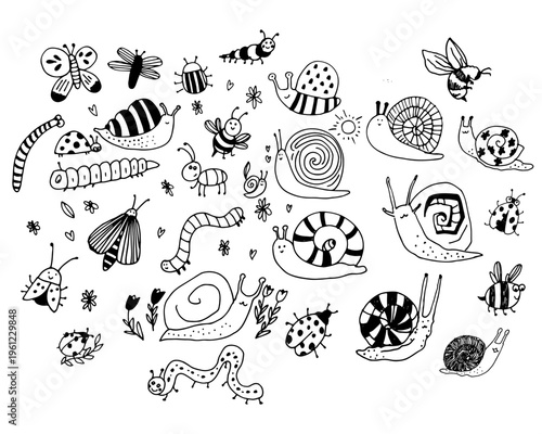 Set of snails and catterpillar in simple line style. Black and white vector collection suitable for coloring pages, kids design, educational materials and prints.