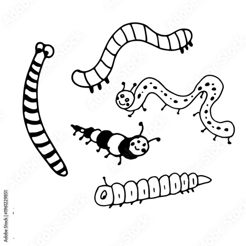 worms and caterpillars in simple doodle style. Black and white vector illustration ideal for kids products, coloring pages and educational use.