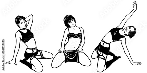Pin Up Girls Sitting on Knees. Black and white vector cliparts in pop art style.
