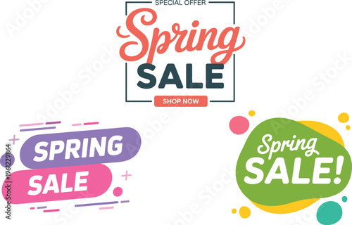 Spring Sale Special Offer Sticker and Banner Set with Colorful Shapes