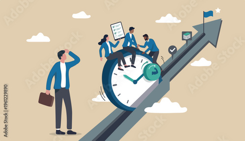 Time management, effort efficiency boost, productivity finish project to teamwork planning, multitasking finish work within deadline concept, business people riding clock up rising arrow