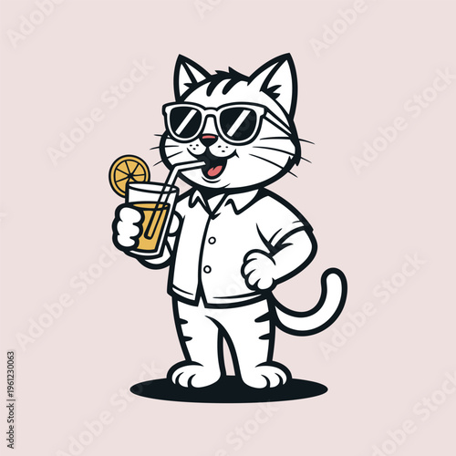 Cool cat holding cocktail drink cartoon vector illustration. Perfect for beverage branding cafe graphics party themes stickers and fun animal illustration projects.