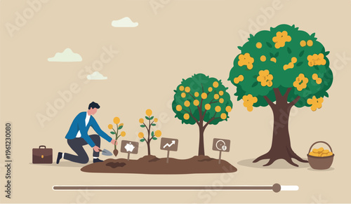  Investing in growth stock, growing pension fund, saving or make profit from retirement fund, growing wealth or investment asset concept, businessman investor planting money seedling for prosperity.