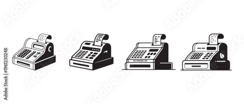 Retro Cash Register Icon Set. Black and White Vintage Store Till Illustrations with Receipt Paper on White Background.