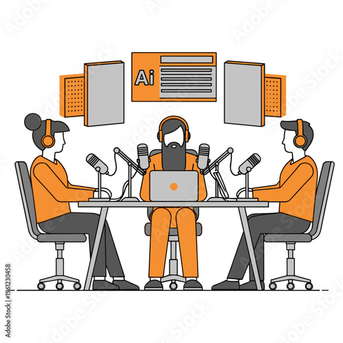 Podcast recording with three people around a table with microphones and laptops