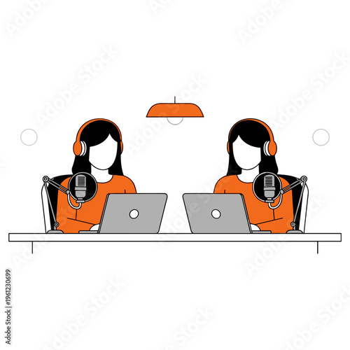 Two women recording podcast with microphones and laptops, simple setup