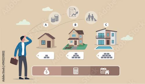 House or is for mortgage affordability calculation, picking new home base on budget, income or lifestyle concept, businessman hand wisely think to picking different variant houses with price tag