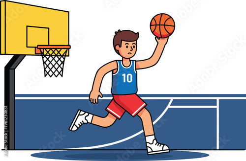 Cartoon vector illustration of basketball player in blue jersey number ten performing slam dunk on court with hoop and backboard, symbolizing athletic action, sports energy, and competition.