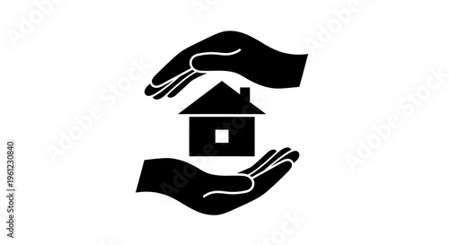 Black Icon of Hands Protecting Small House Symbol