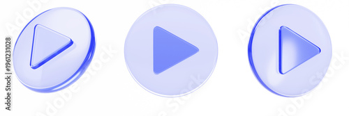 Photography 3d blue liquid glass play button set, translucent circle frame with triangle render