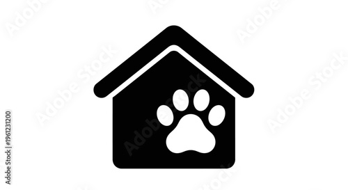 Black Dog House Icon with Paw Print Symbol