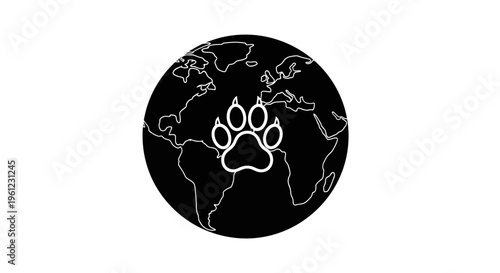Black Globe with Animal Paw Print Icon on White Background