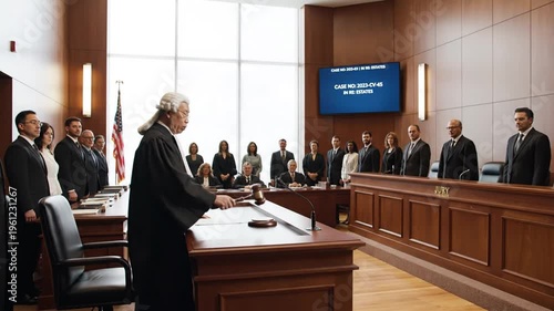 A judge banging gavel in a courtroom with a jury and lawyers, announcing verdict