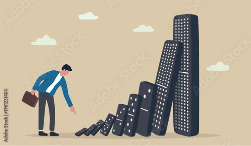 Small tiny the to in habits to change or increase to productivity, efficiency or improvement, easy way to win business success or make a big impact concept, businessman pushing tiny domino to make