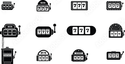 Casino slot machine icons with winning combinations and jackpots