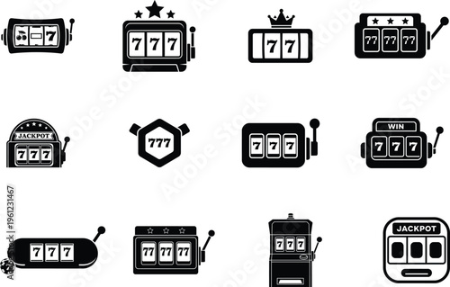 collection of casino slot machine icons with jackpot win graphics and symbols