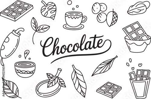 Set of hand-drawn chocolate elements with cocoa beans and leaves in doodle outline style. Vector illustration