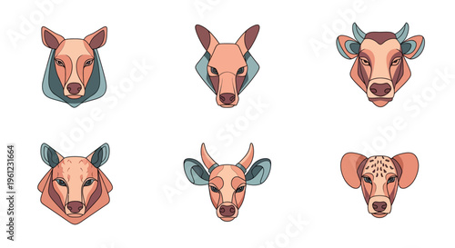Six stylized geometric animal head illustrations in a grid, featuring various mammals like deer, antelope, and a cow with flat design.