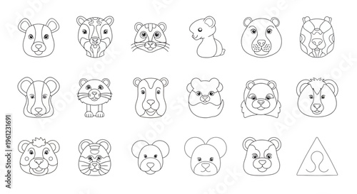 Collection of various cute rodent and small mammal faces in simple outline line art style, suitable for icons or avatars.