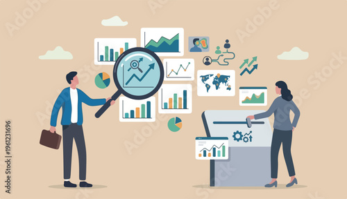 Data analysis and optimization for SEO, marketing research user an customer behavior, analyze business trend concept, business people using magnifier and optimize tools analyze chart and graph